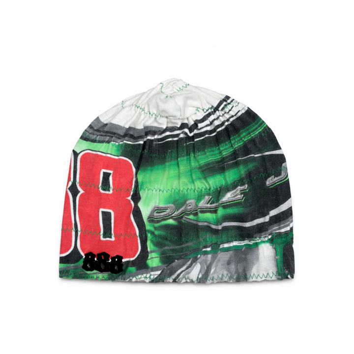 Colorful beanie with racing design and number 8 on a white background