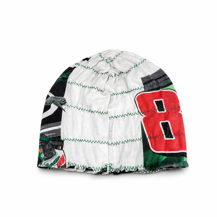 Colorful beanie with number 8 design on a white background
