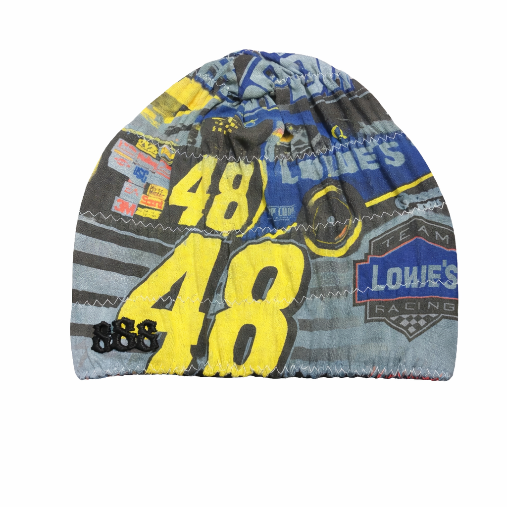 Colorful beanie with number 48 and 'Lowie's Racing' text on a white background
