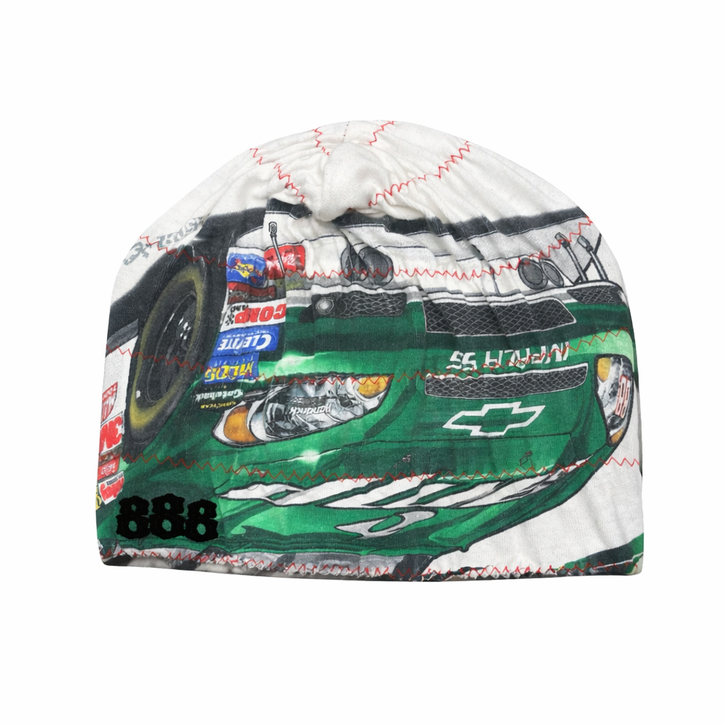 Beanie with car design and visible branding on a white background