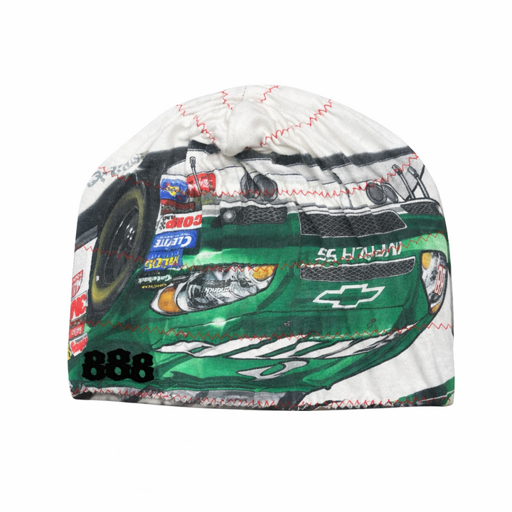 Beanie with car design and visible branding on a white background