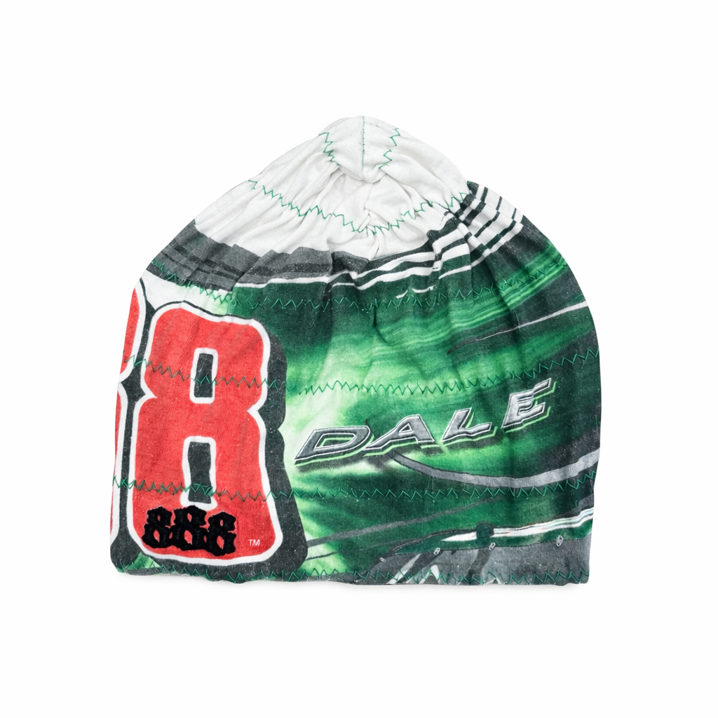 Green and red racing helmet cover with 'R' and 'Dale' branding on a white background