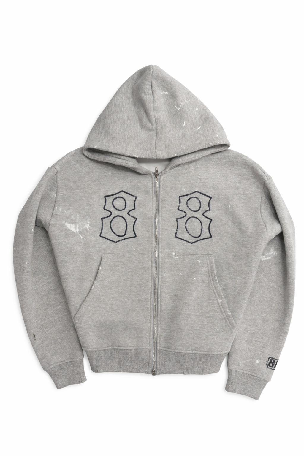 Gray hoodie with black logos on a white background