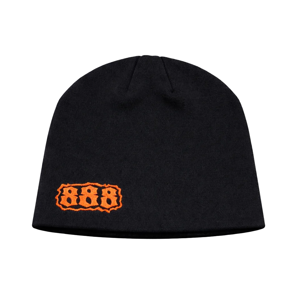Black beanie with orange logo on a white background