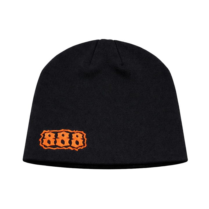 Black beanie with orange logo on a white background