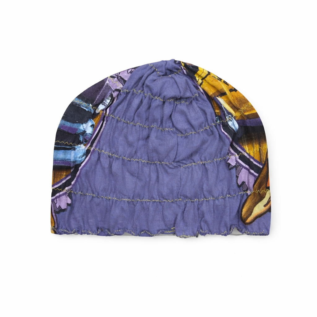 Colorful beanie with abstract pattern on a white background