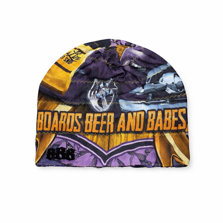 Colorful beanie with text and graphics on a white background