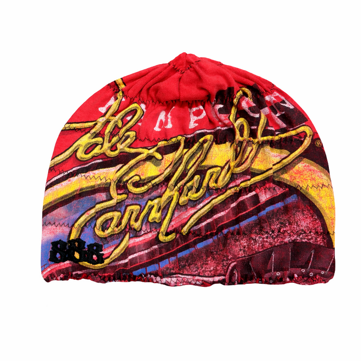 Colorful beanie with text and graphics on a white background