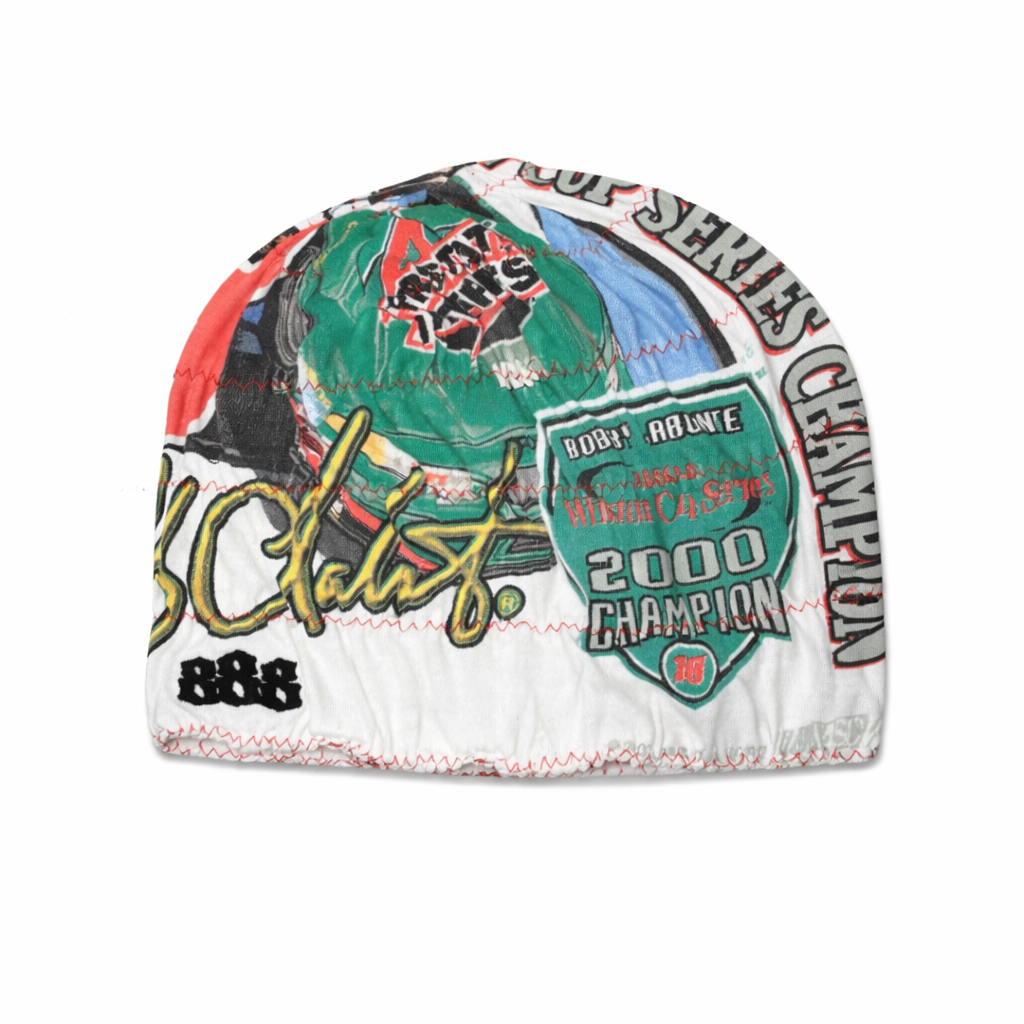 Beanie with colorful graphic designs on a white background