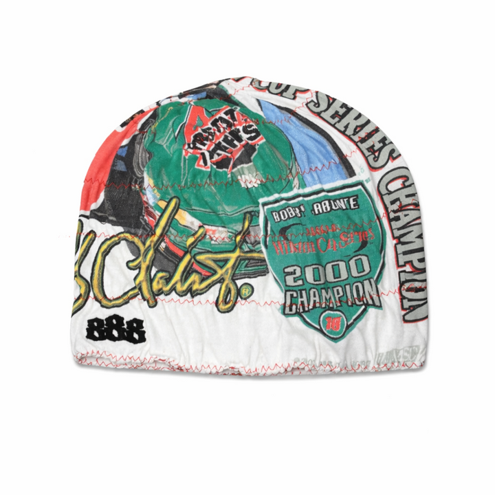 Beanie with colorful graphic designs on a white background
