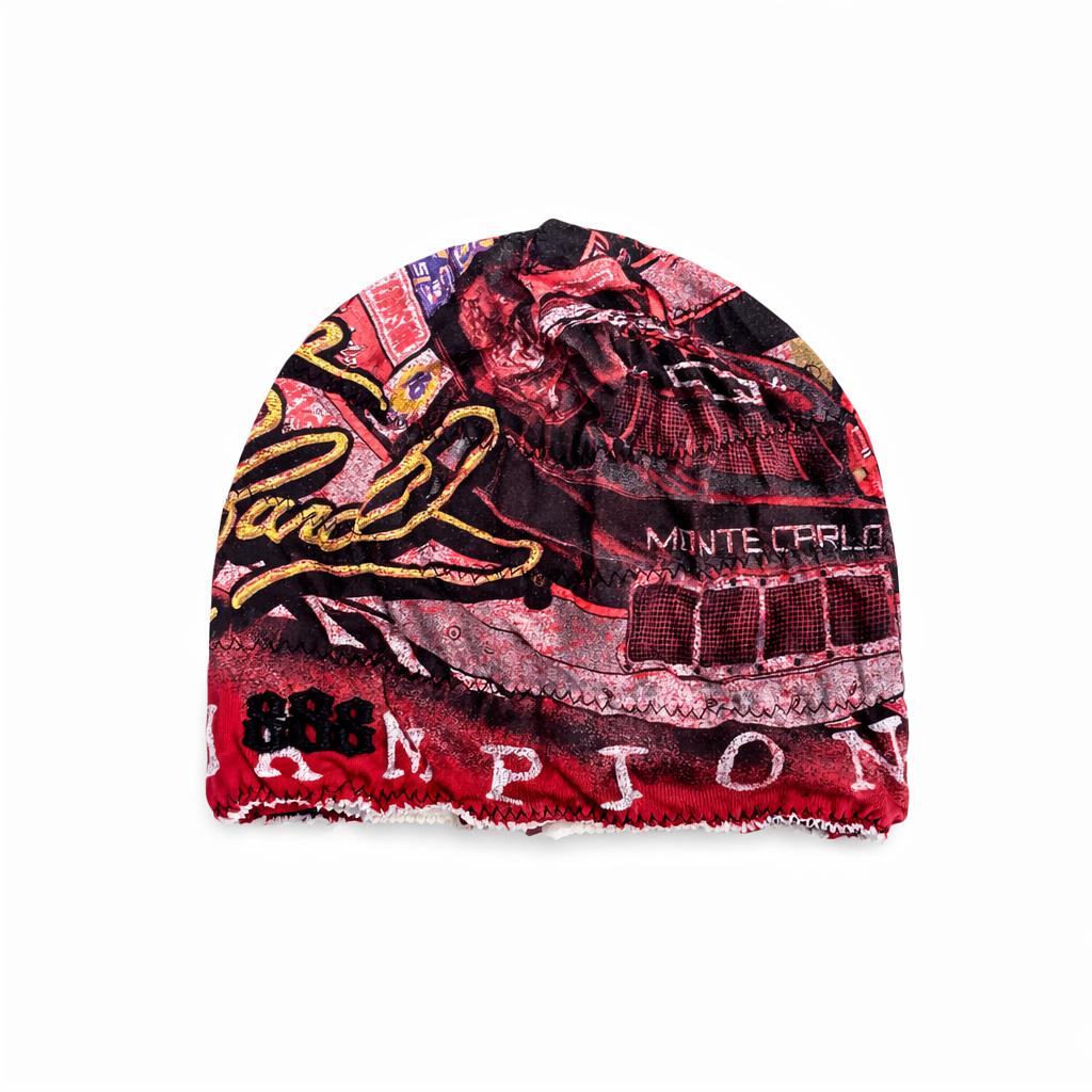 Multicolored beanie with racing theme on a white background