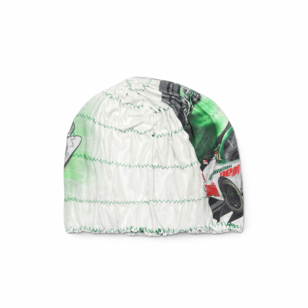 Colorful beanie with graphic design on a white background