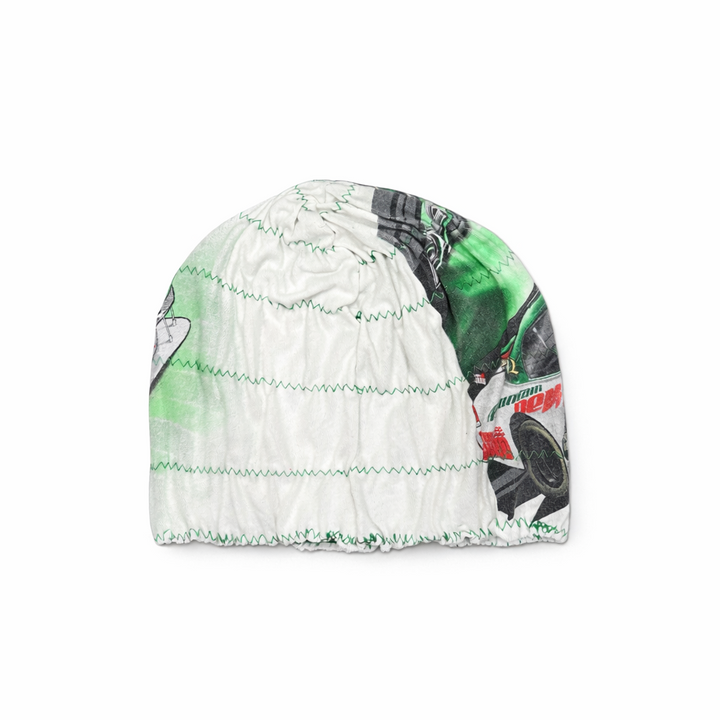 Colorful beanie with graphic design on a white background