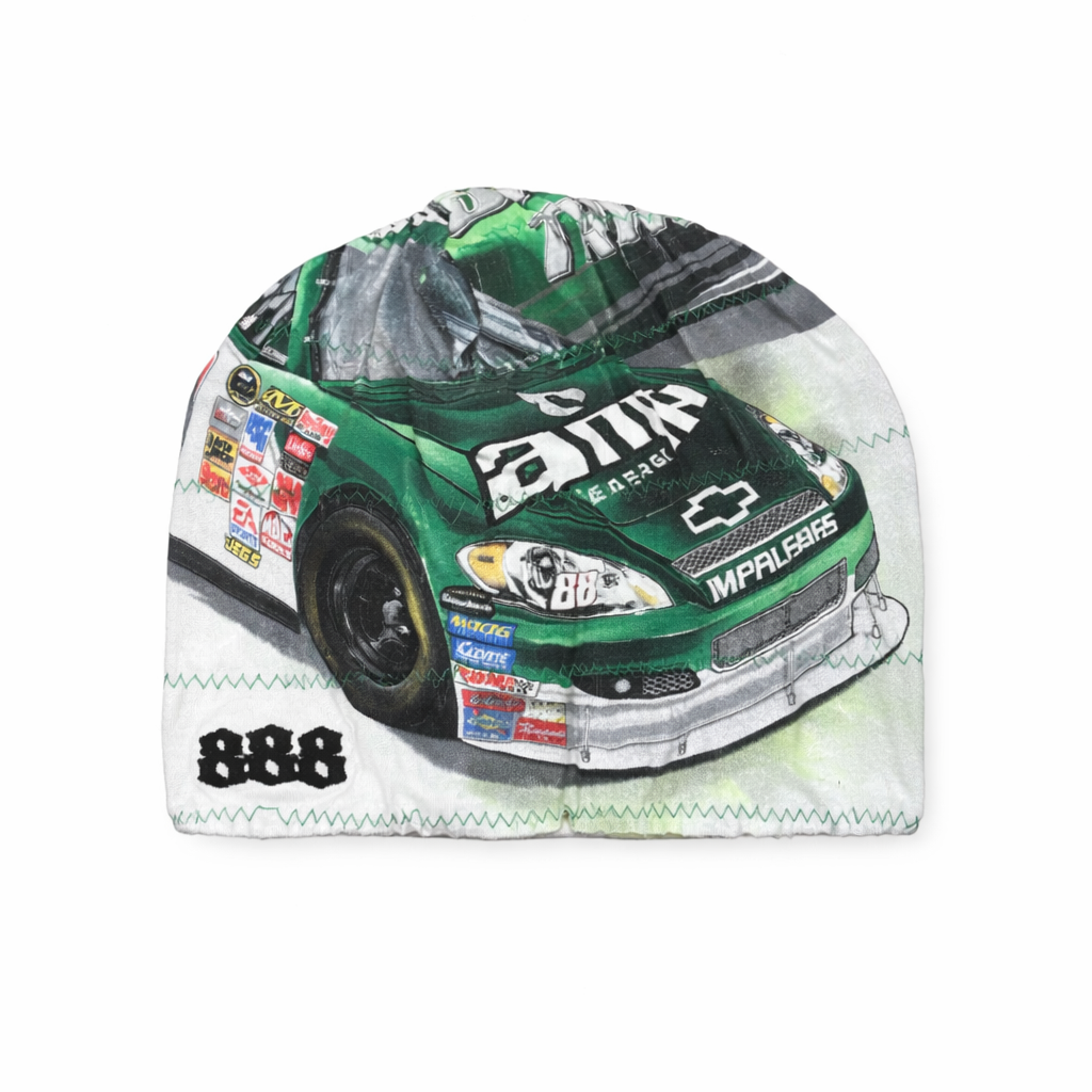 Car-shaped beanie with racing theme on a white background
