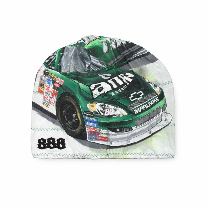 Car-shaped beanie with racing theme on a white background