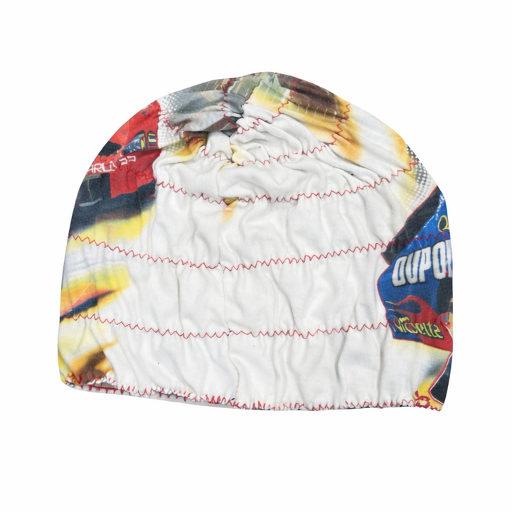 Colorful beanie with a patterned design on a white background
