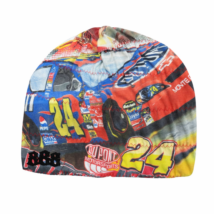 Colorful beanie with racing theme and number 24 on a white background