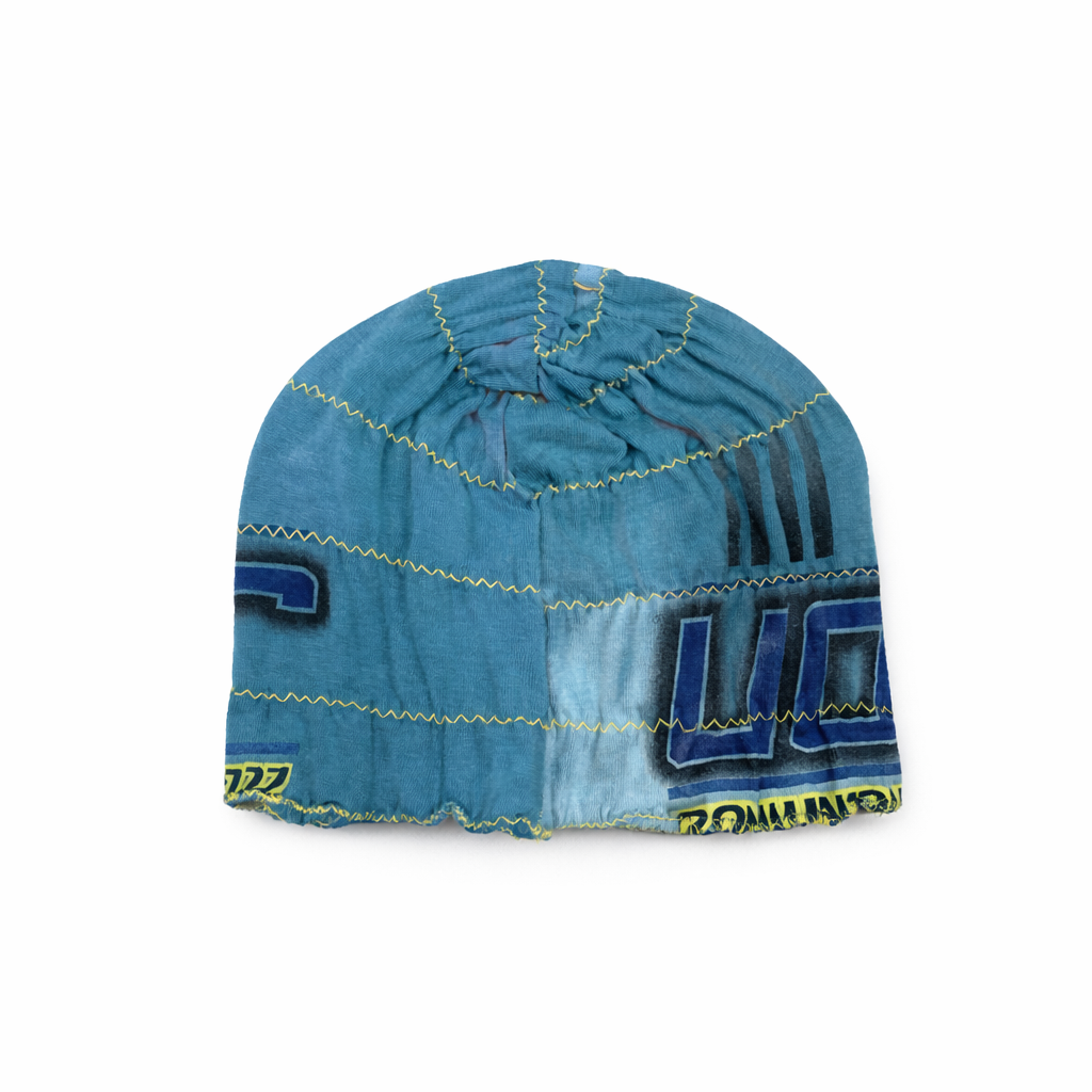 Blue denim-style beanie with brand logo on a white background
