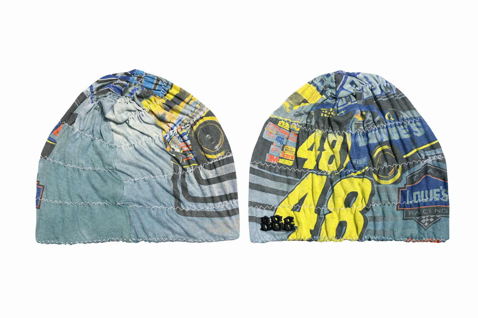 Two denim-patterned beanies with colorful designs and numbers on a white background