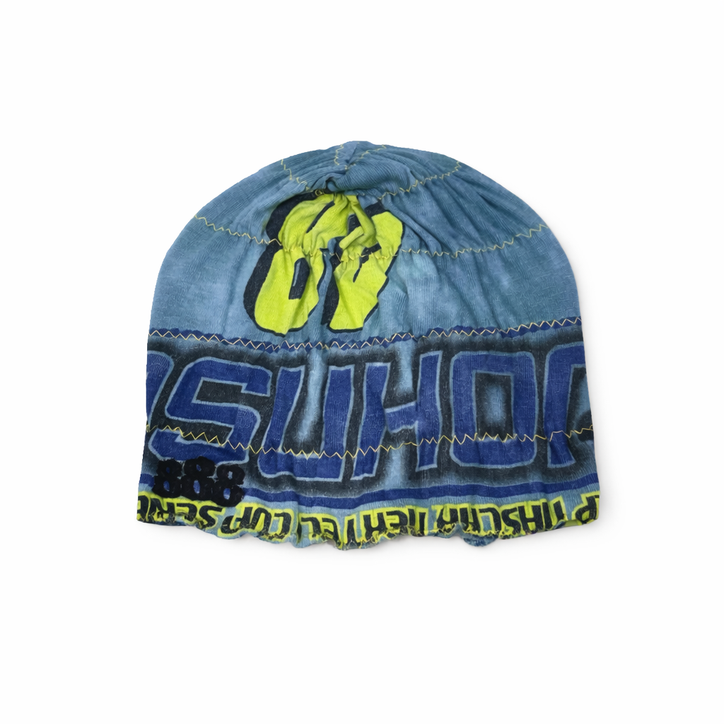 Blue beanie with yellow and black text on a white background