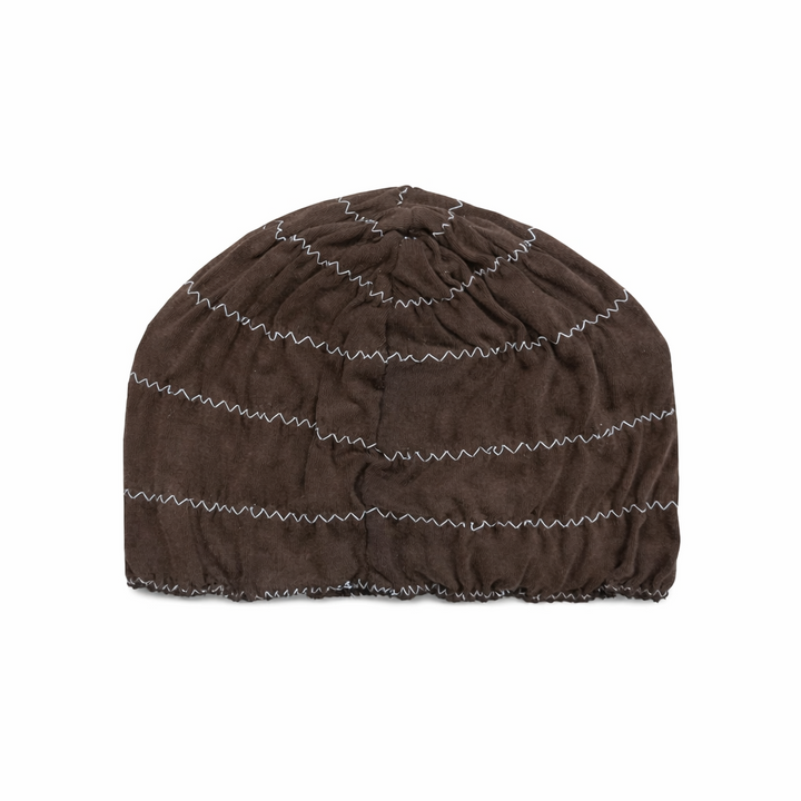 Brown beanie with white stitching on a white background
