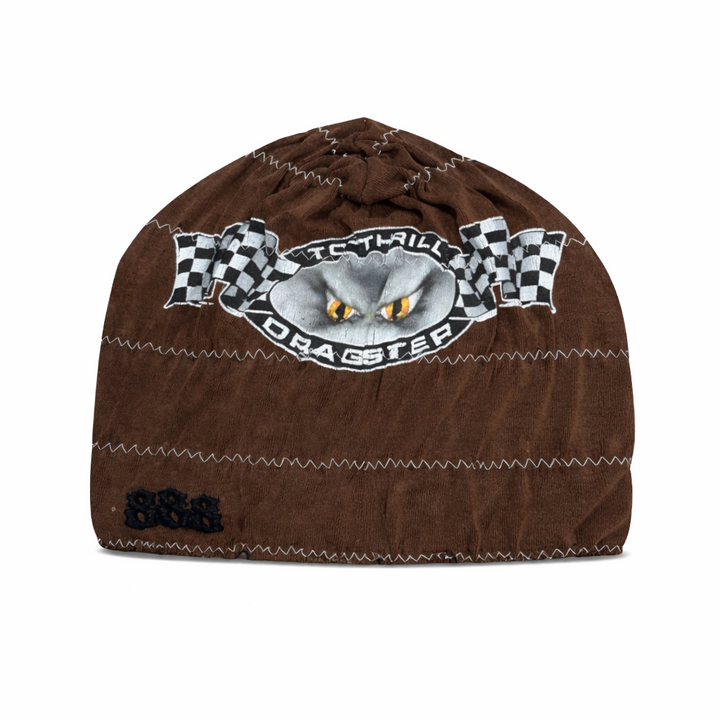 Brown beanie with racing-themed design on a white background