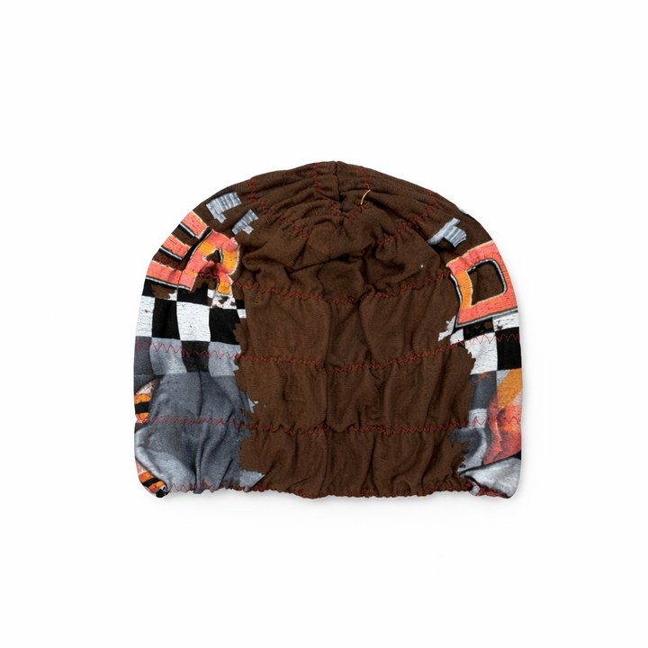 Multicolored beanie with a brown center on a white background
