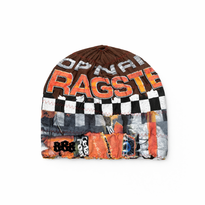 Multicolored beanie with checkered pattern and text on a white background