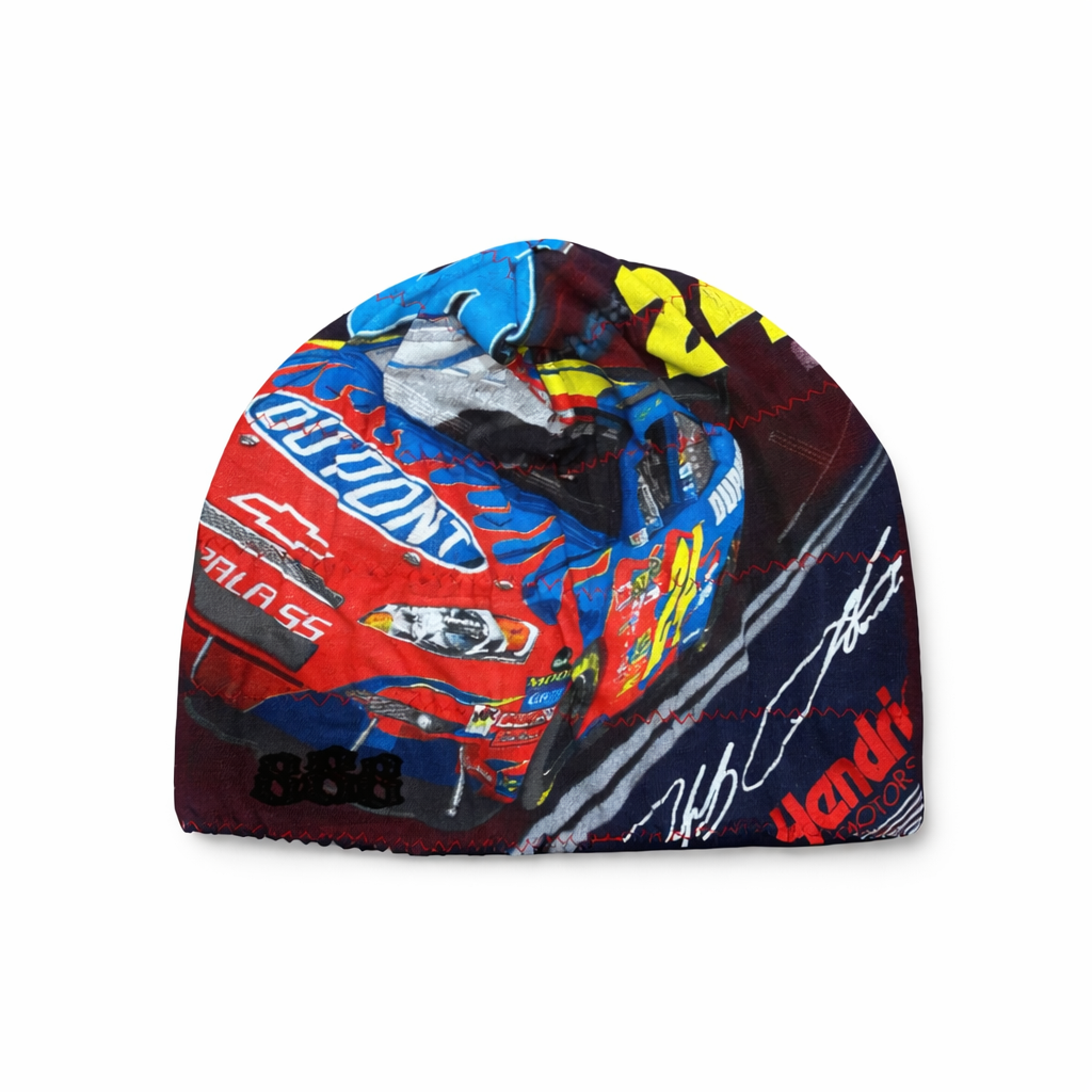 Colorful beanie with racing car design and branding on a white background