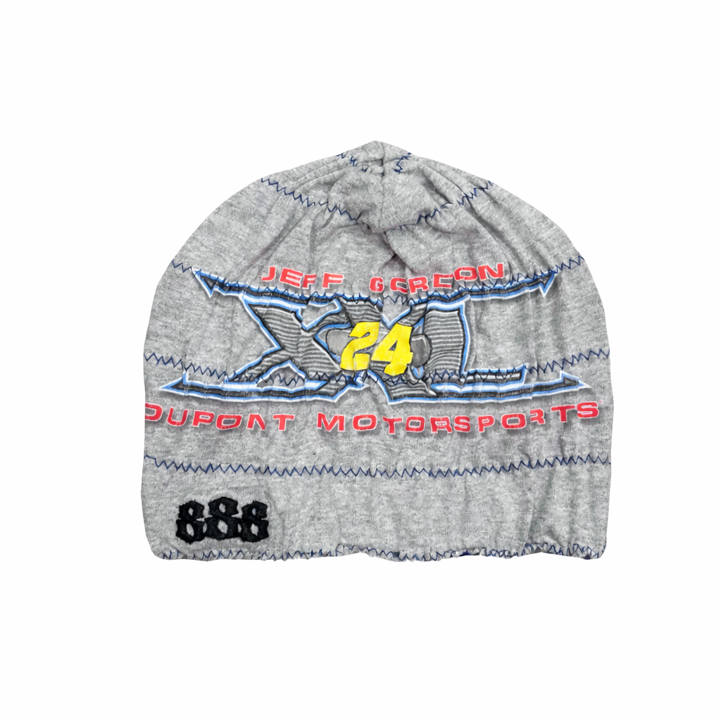 Gray beanie with racing-themed design on a white background