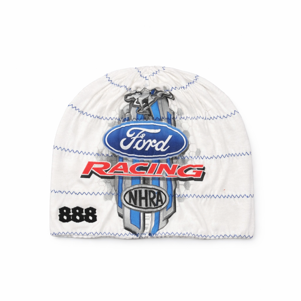 White beanie with Ford Racing and NHRA logos on a white background