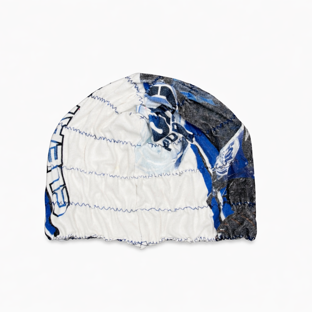 Colorful beanie with a brand logo on a white background