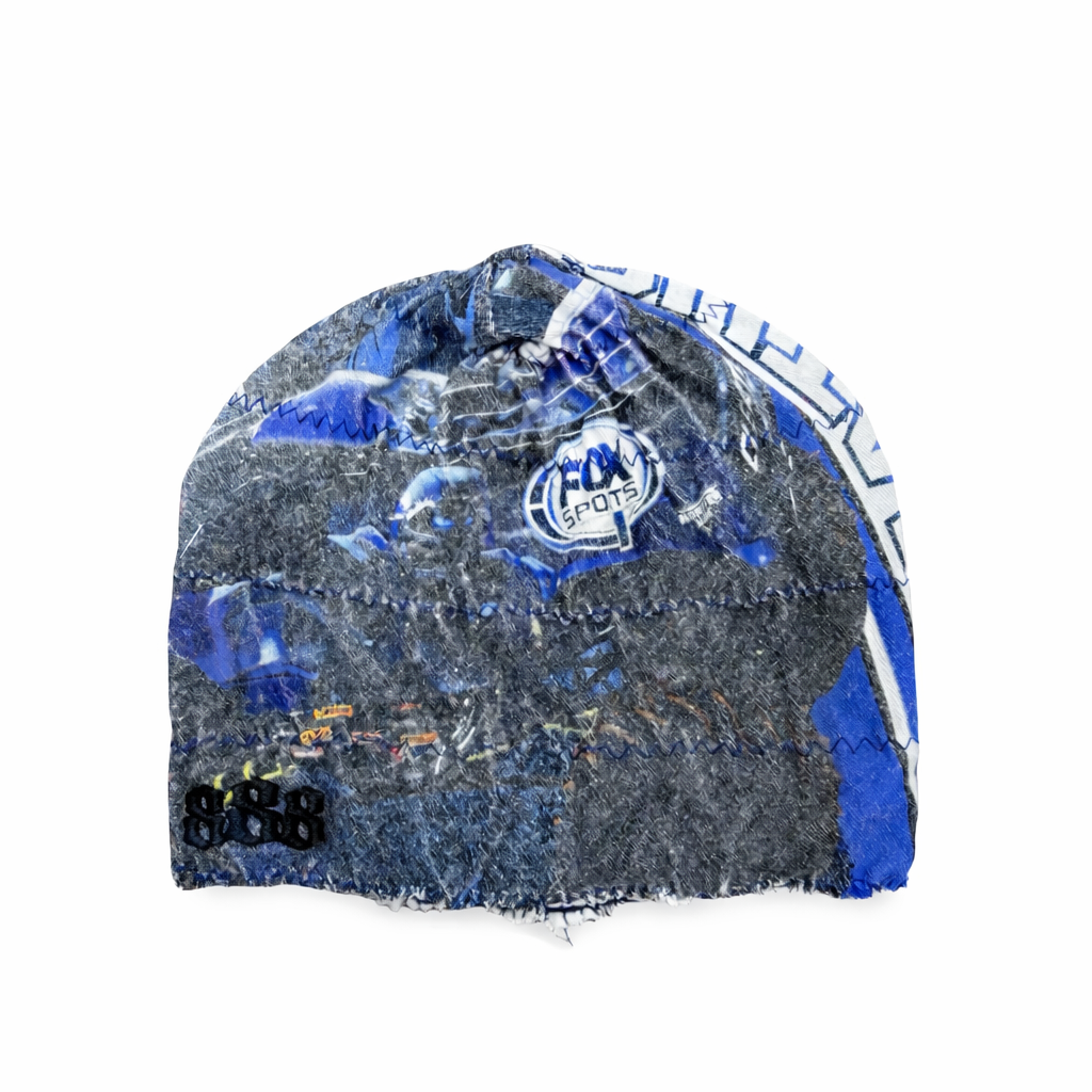 Blue and gray camouflage beanie with branding on a white background