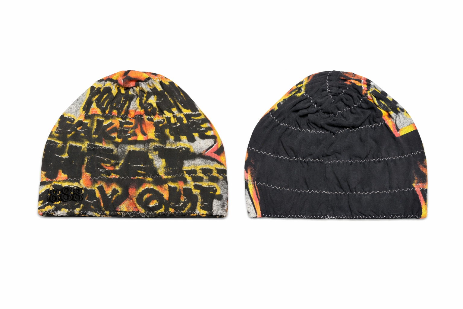 Two beanies with colorful designs on a white background