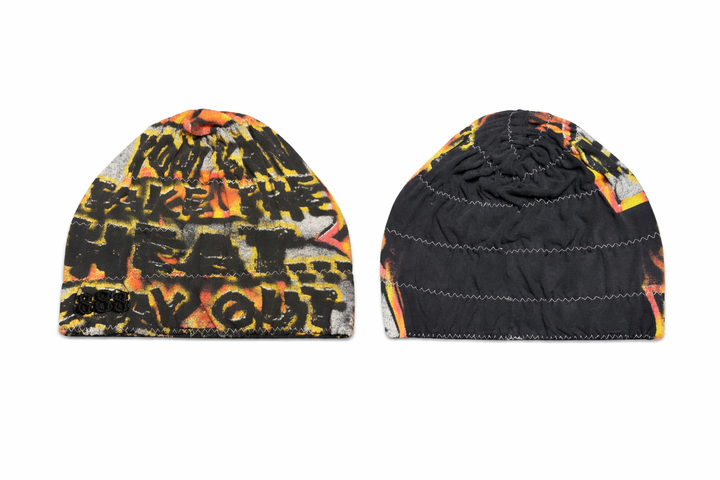 Two beanies with colorful designs on a white background