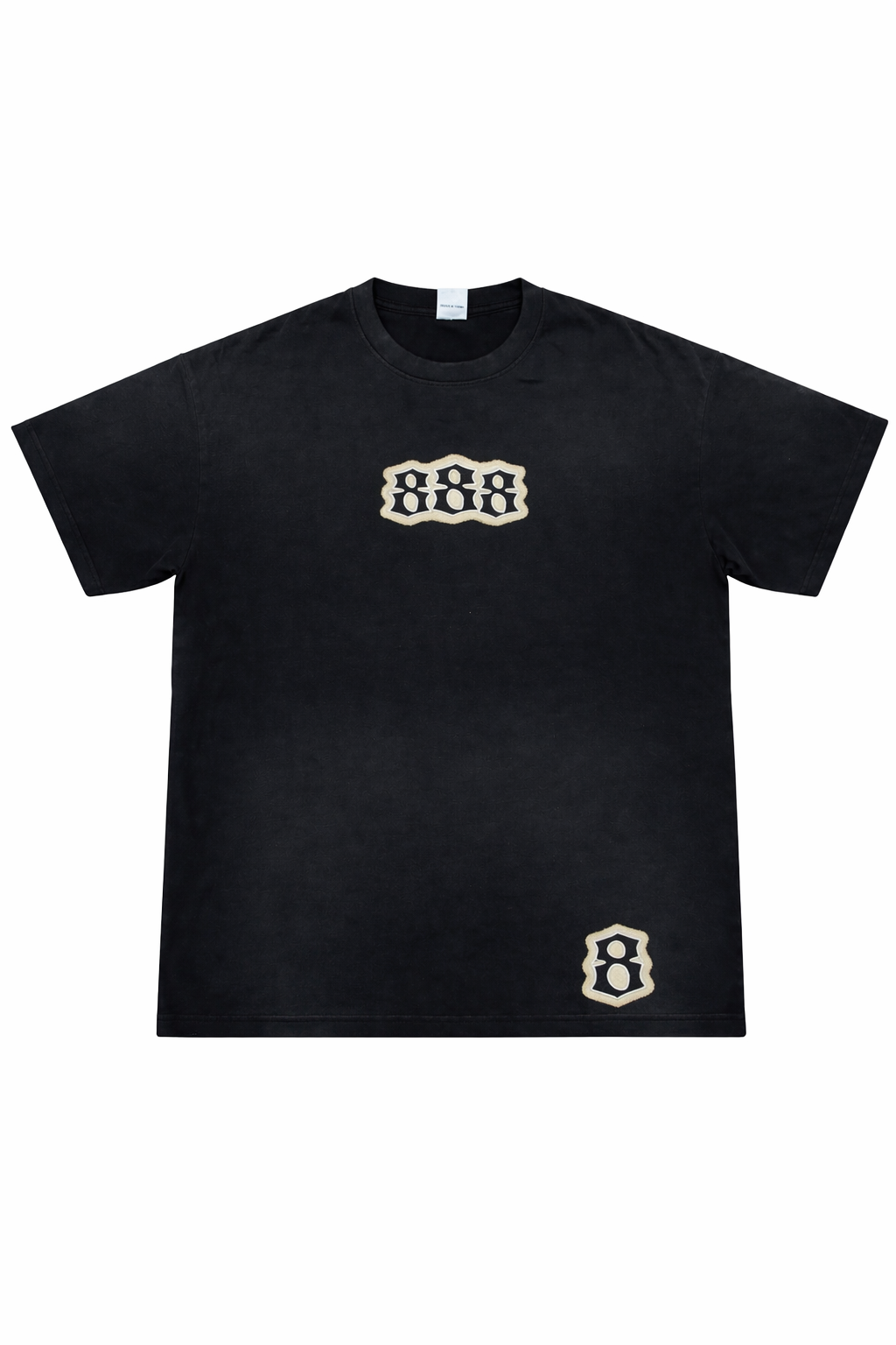 Black t-shirt with white and yellow design on a white background