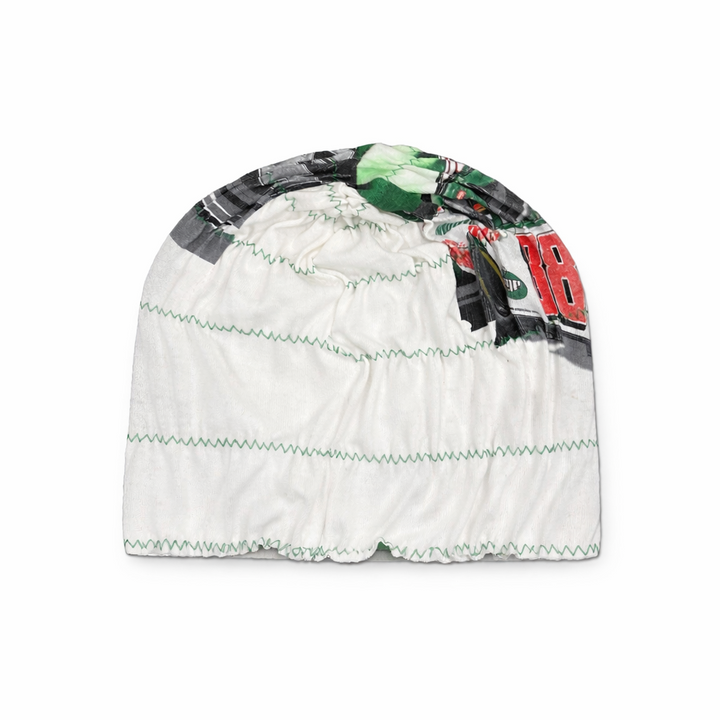 Colorful beanie with graphic design on a white background
