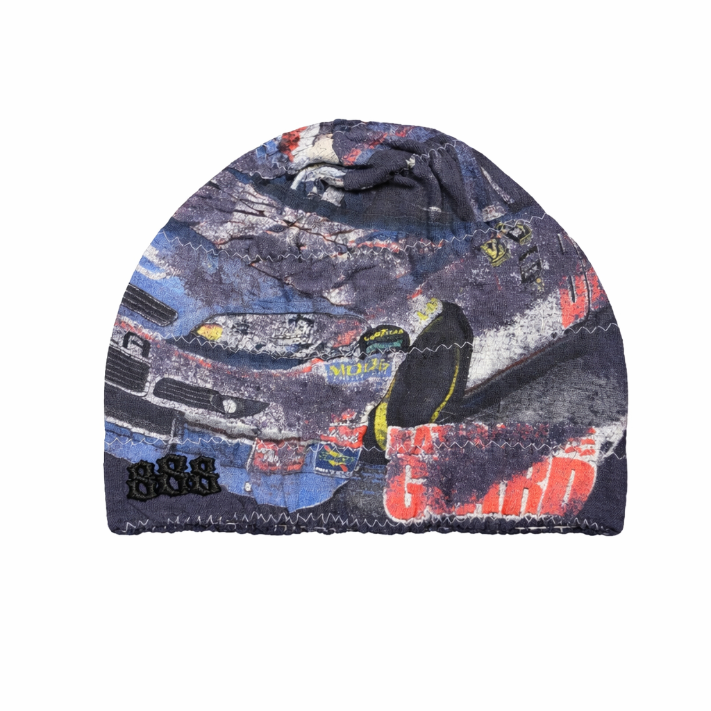 Blue beanie with racing car design on a white background