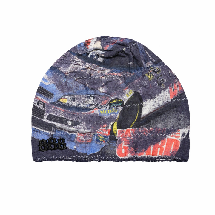 Blue beanie with racing car design on a white background