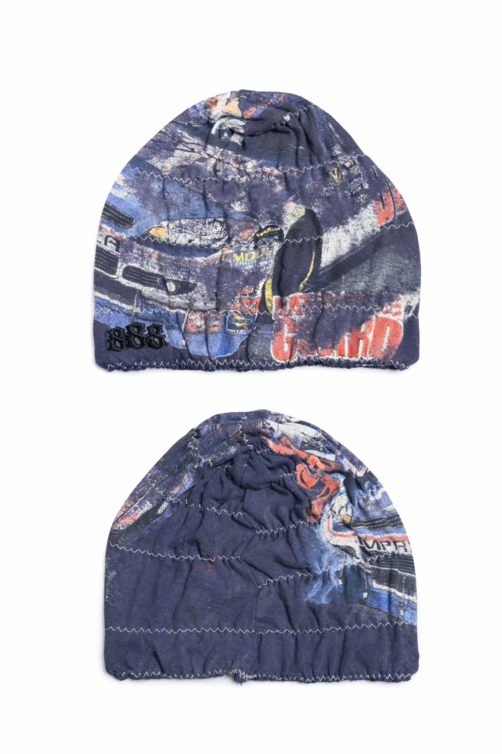 Two navy blue beanies with colorful car pattern on a white background