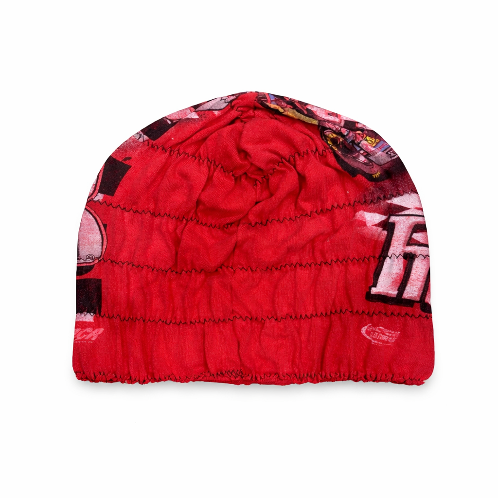 Red beanie with graphic design on a white background