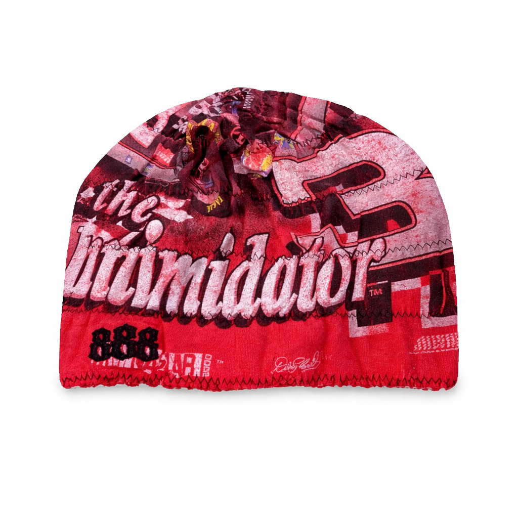 Red beanie with graphic design and text on a white background