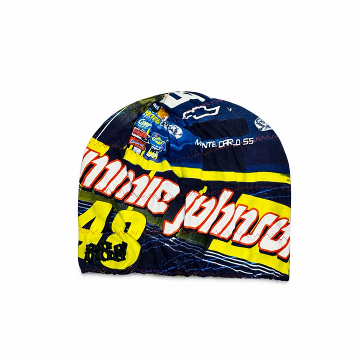 Colorful beanie with racing theme and number 48 on a white background