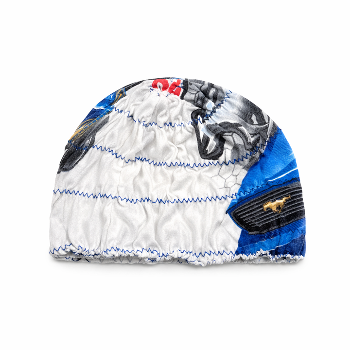 Colorful beanie with patterns and branding on a white background