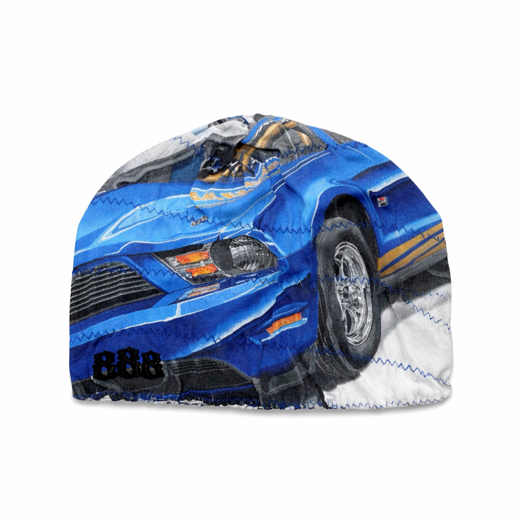 Blue car-shaped beanie with visible branding on a white background