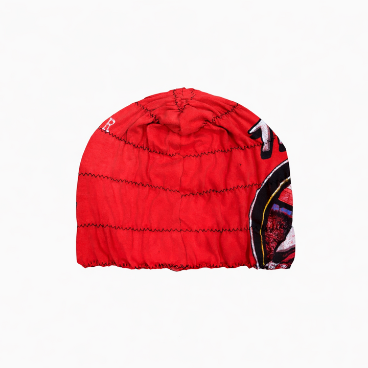 Red puffer jacket with black and white accents on a white background