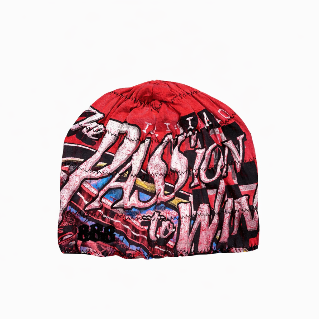 Colorful beanie with graphic design on a white background