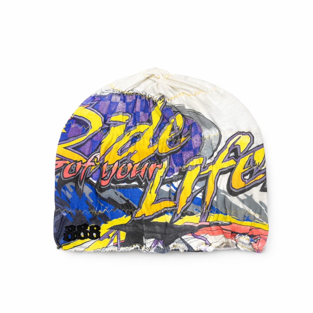 Colorful beanie with 'Ride or Die' text on a white background