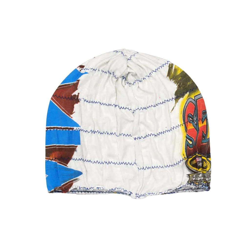 Drawstring bag with colorful geometric pattern on a white background