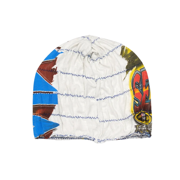 Drawstring bag with colorful geometric pattern on a white background